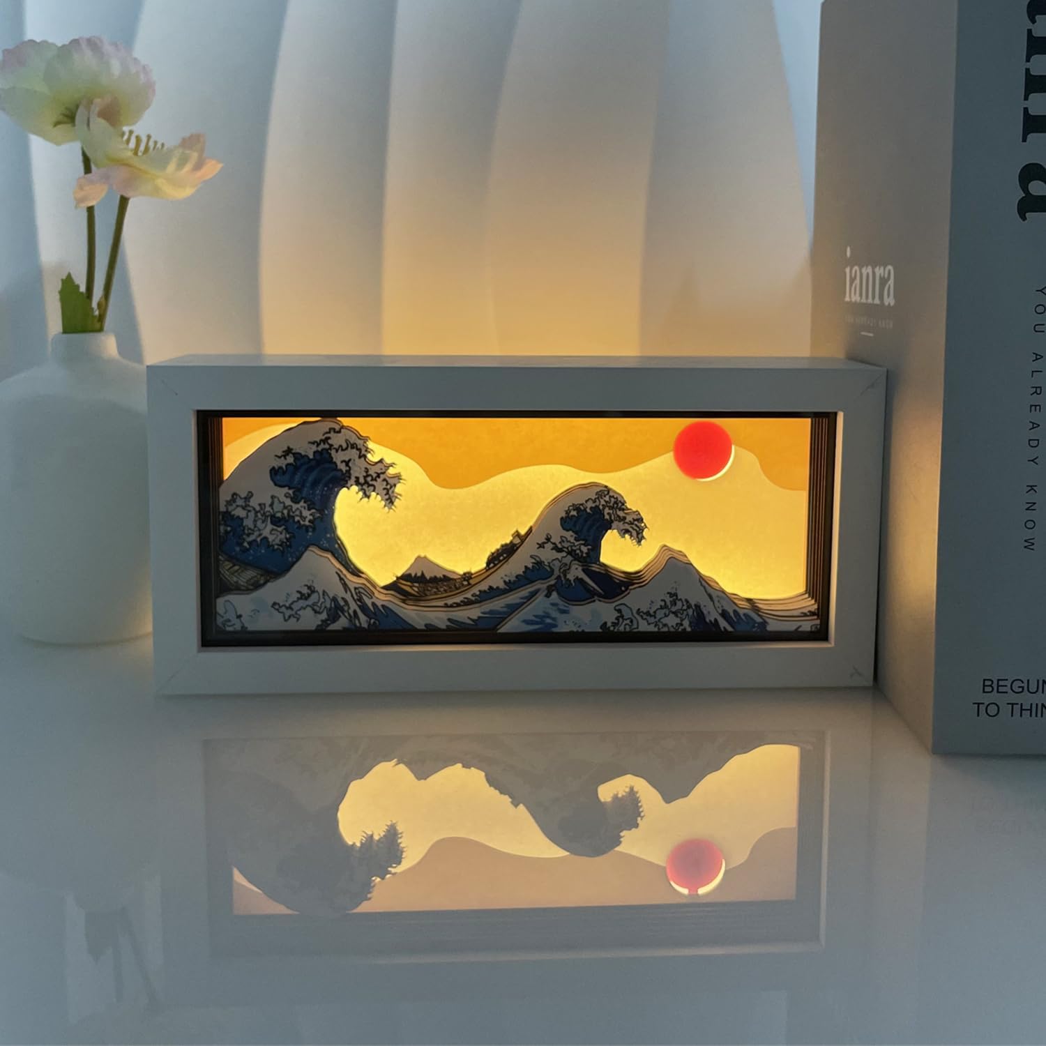 Japanese Great Wave LED Light Box, The Great Wave Off Kanagawa 3D Paper Carving Night Light USB Powered Room Decor Aesthetic Light for Bedroom HOM