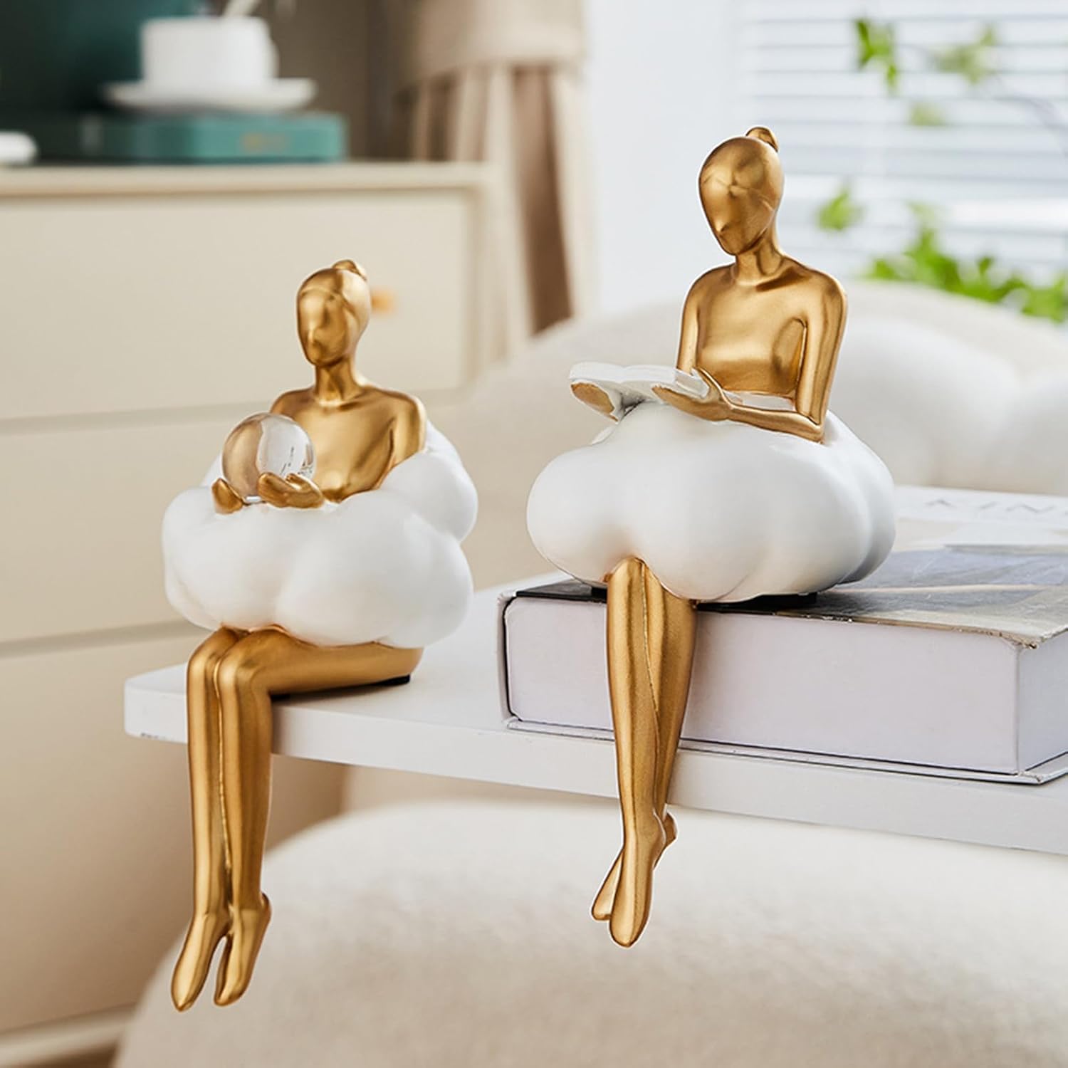 Gold Home Decor Women Thinker Statue, Modern Bookshelf Figurines Accent Decorations for Living Room, Resin Abstract Art Collectible for Office Bedroom Table Desk