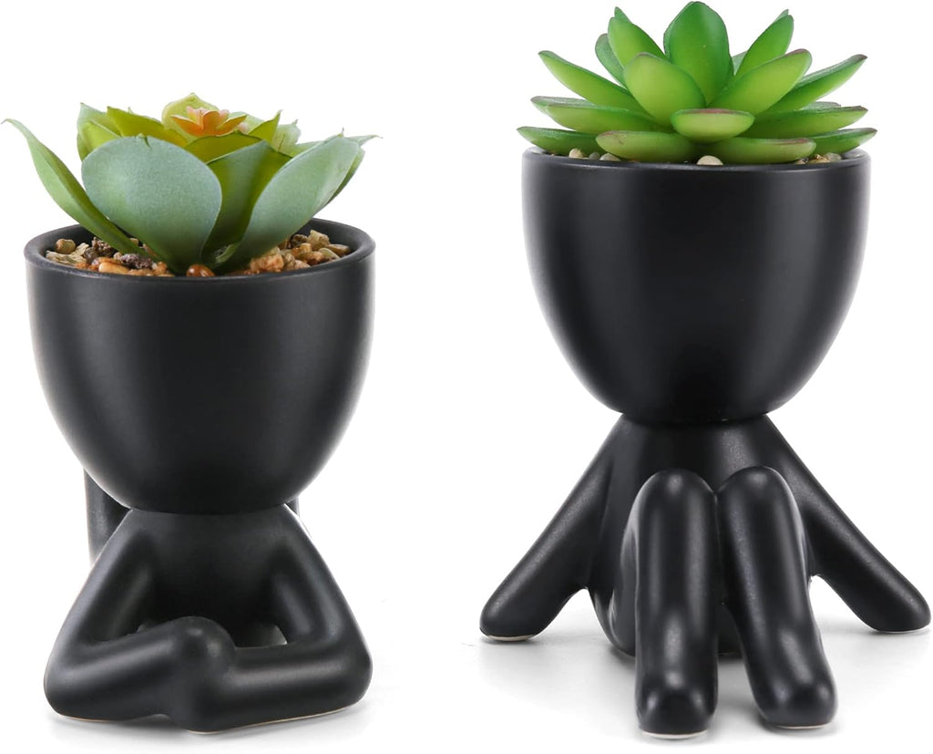 Fake Succulent, Mini Succulents Plants Artificial in Black Modern Human Shaped Ceramic Pots Desk Decor Desk Plant for Office Decor for Women, Cute Fake Plants Bathroom Decor 2PCS