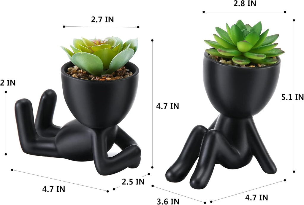 Fake Succulent, Mini Succulents Plants Artificial in Black Modern Human Shaped Ceramic Pots Desk Decor Desk Plant for Office Decor for Women, Cute Fake Plants Bathroom Decor 2PCS