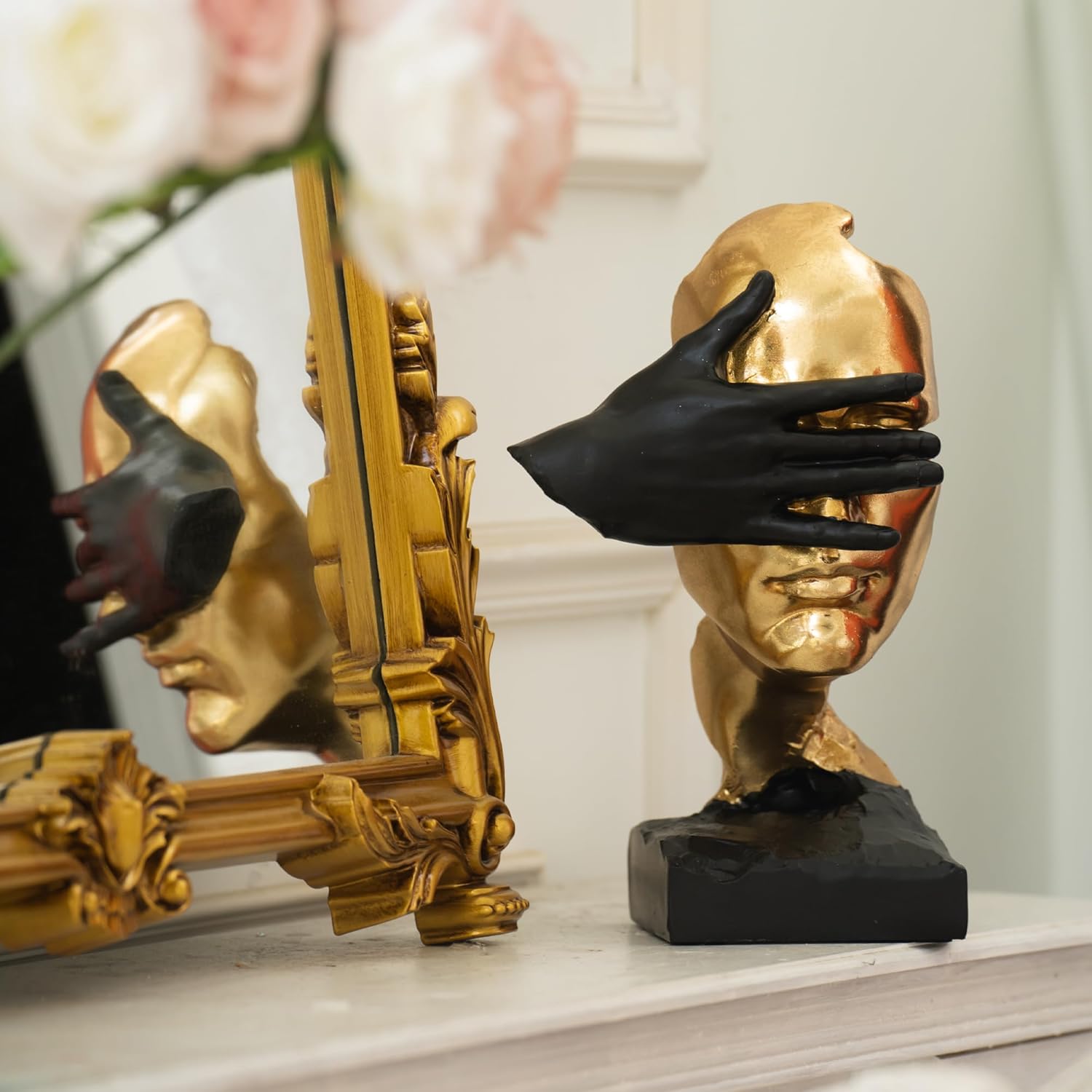 Thinker Statue-Silence is Gold-Abstract Art Figurine Decor - No Hear No See No Speak Modern Home Resin Sculptures Decorative Objects Decor for Home Office Bookshelf Desktop(12" H)
