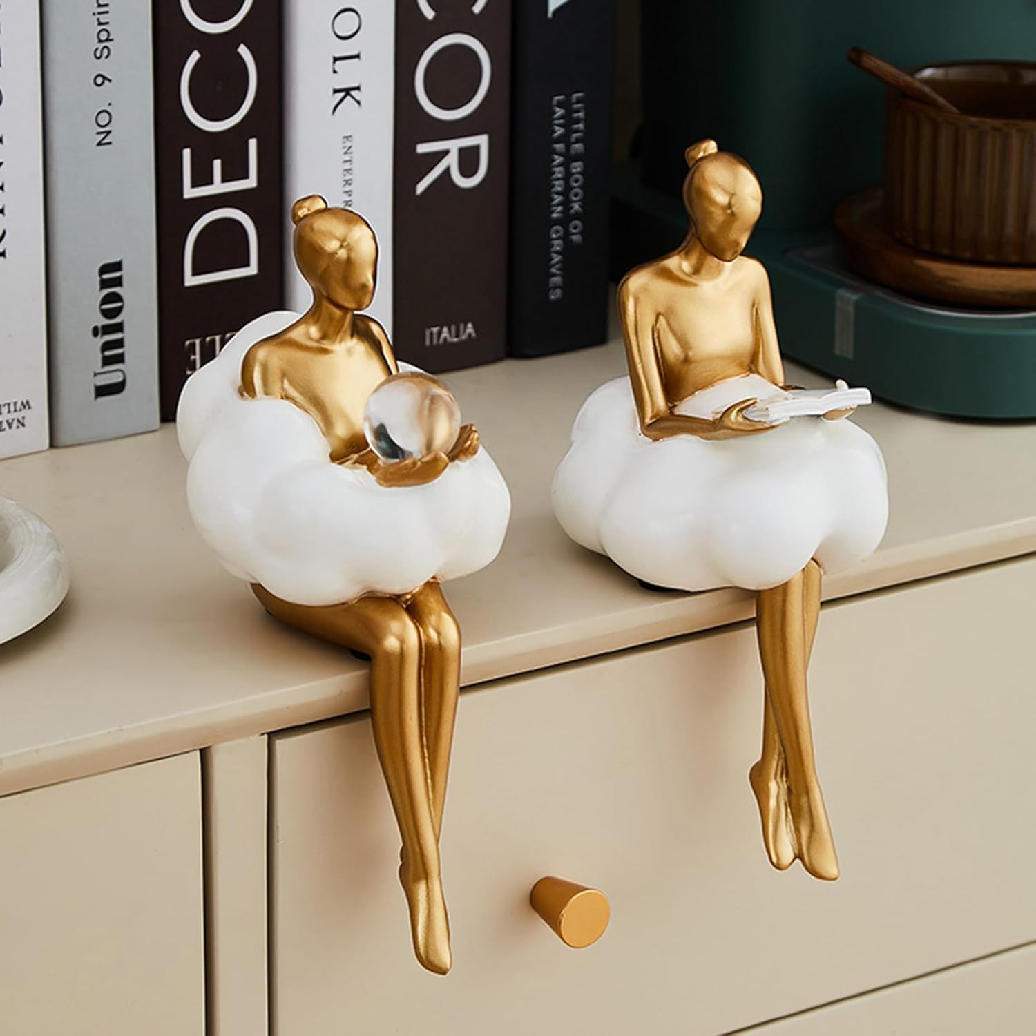Gold Home Decor Women Thinker Statue, Modern Bookshelf Figurines Accent Decorations for Living Room, Resin Abstract Art Collectible for Office Bedroom Table Desk
