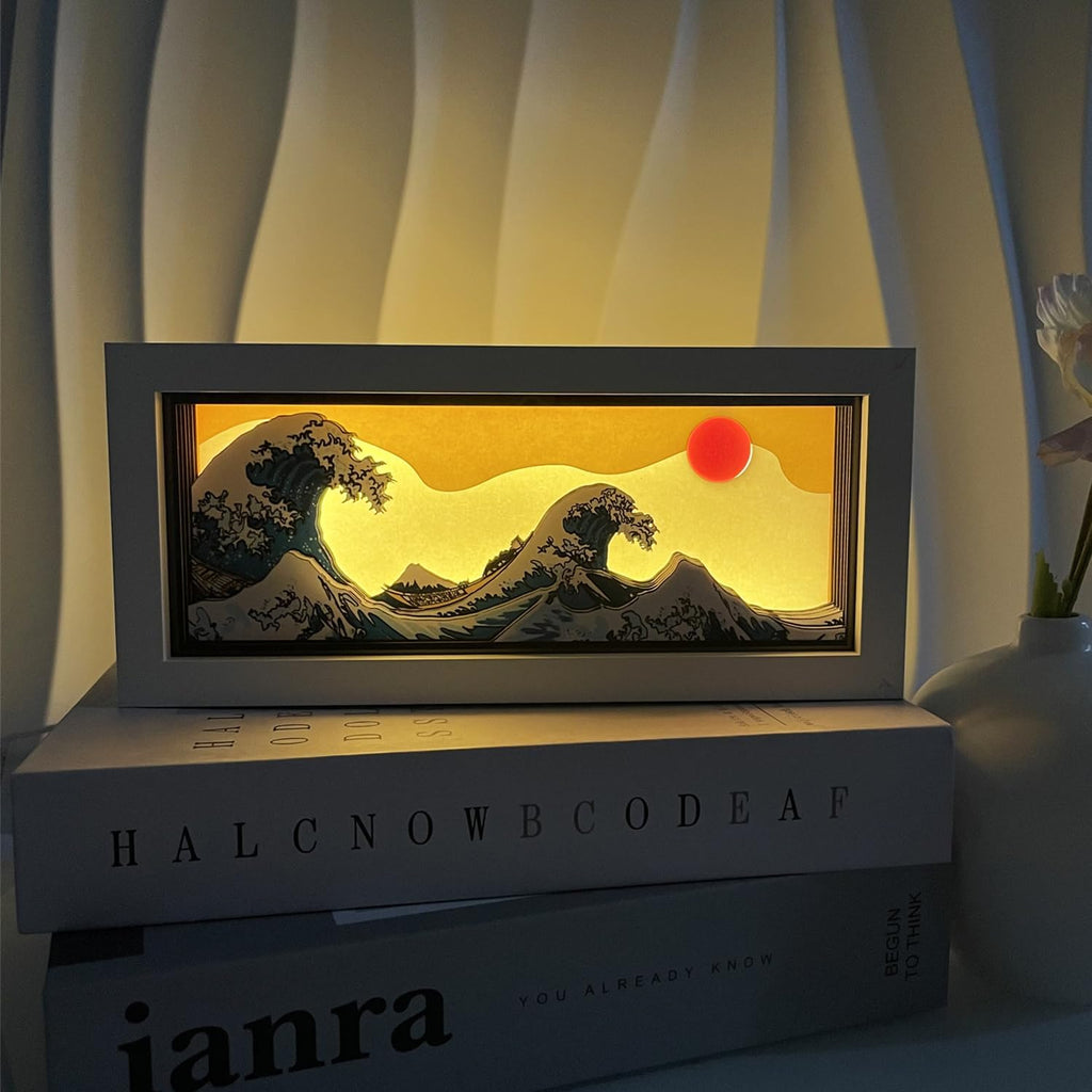 Japanese Great Wave LED Light Box, The Great Wave Off Kanagawa 3D Paper Carving Night Light USB Powered Room Decor Aesthetic Light for Bedroom HOM