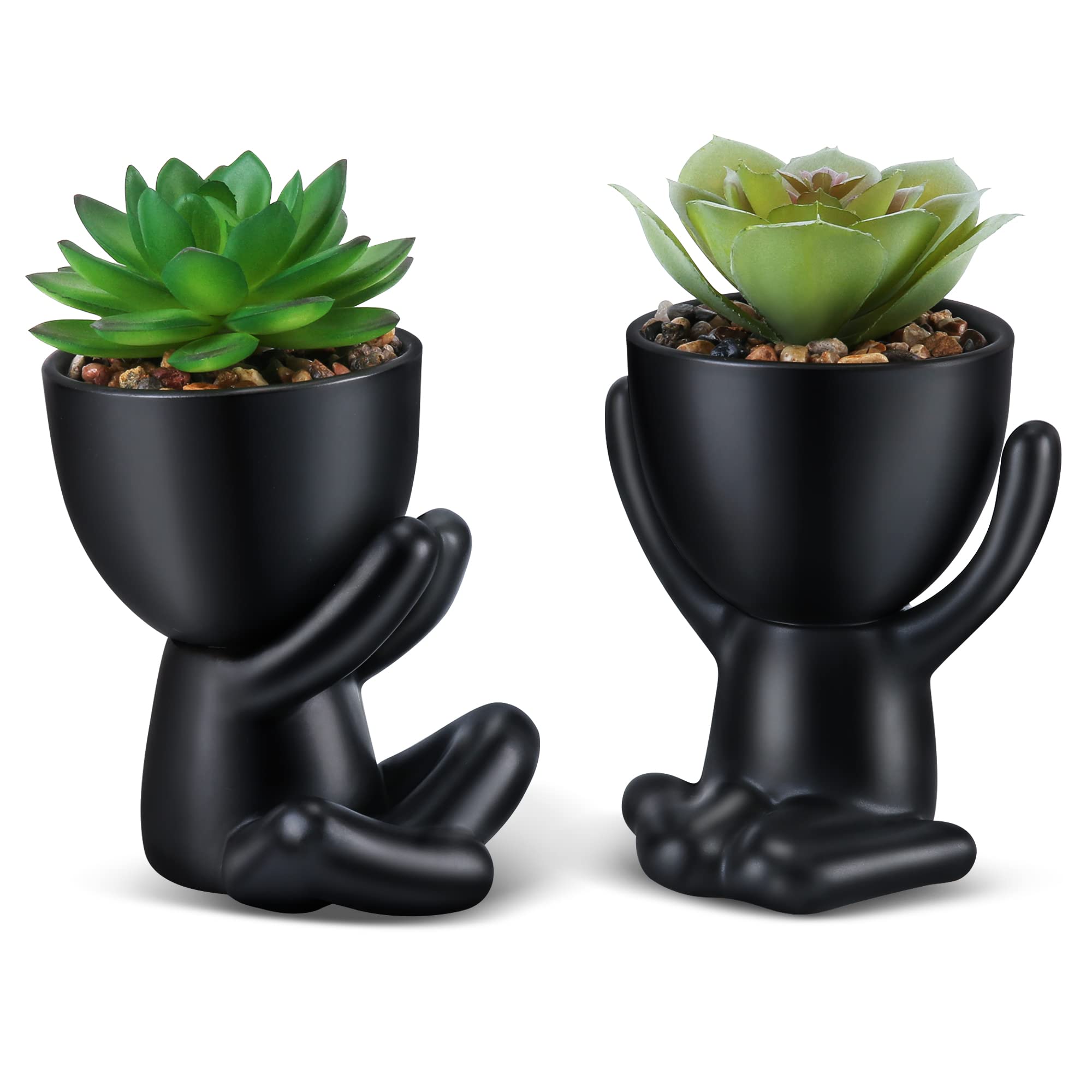Fake Succulent, Mini Succulents Plants Artificial in Black Modern Human Shaped Ceramic Pots Desk Decor Desk Plant for Office Decor for Women, Cute Fake Plants Bathroom Decor 2PCS