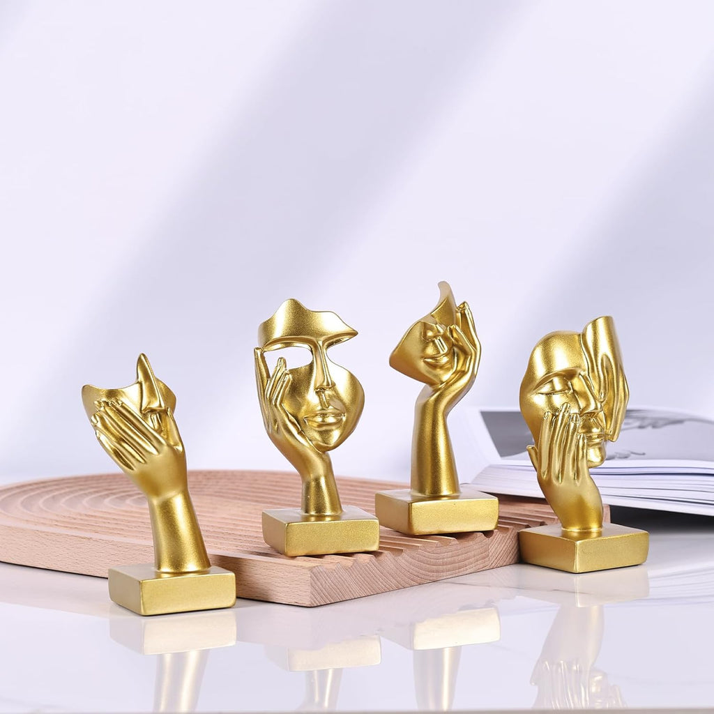 Gold Abstract Thinker Figurine Set of 4, Home Art Face Small Statue for Accents Decor Women Bedroom Shelf Bookcase Room Desk, TV Stand, Coffee Table Decor, Art Sculpture Gifts for Women (Gold)