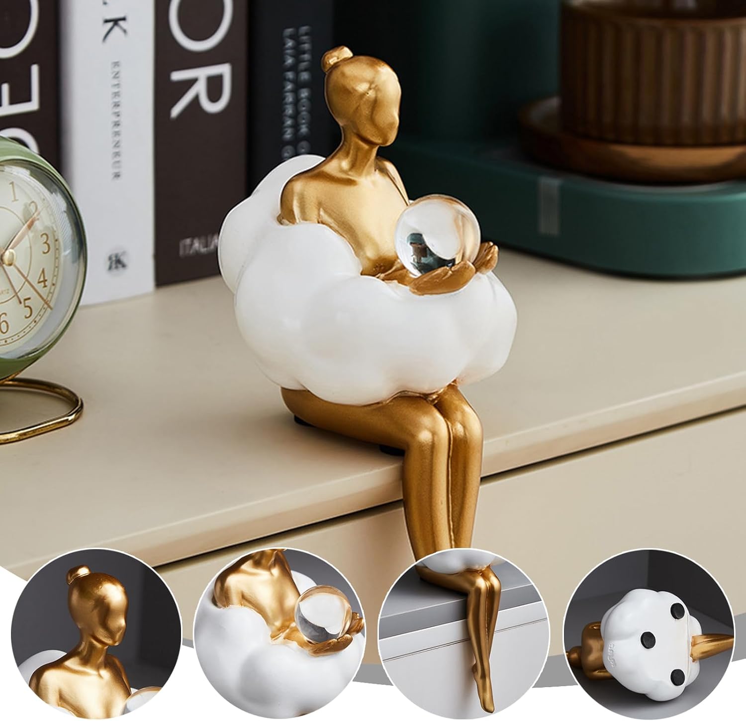 Gold Home Decor Women Thinker Statue, Modern Bookshelf Figurines Accent Decorations for Living Room, Resin Abstract Art Collectible for Office Bedroom Table Desk