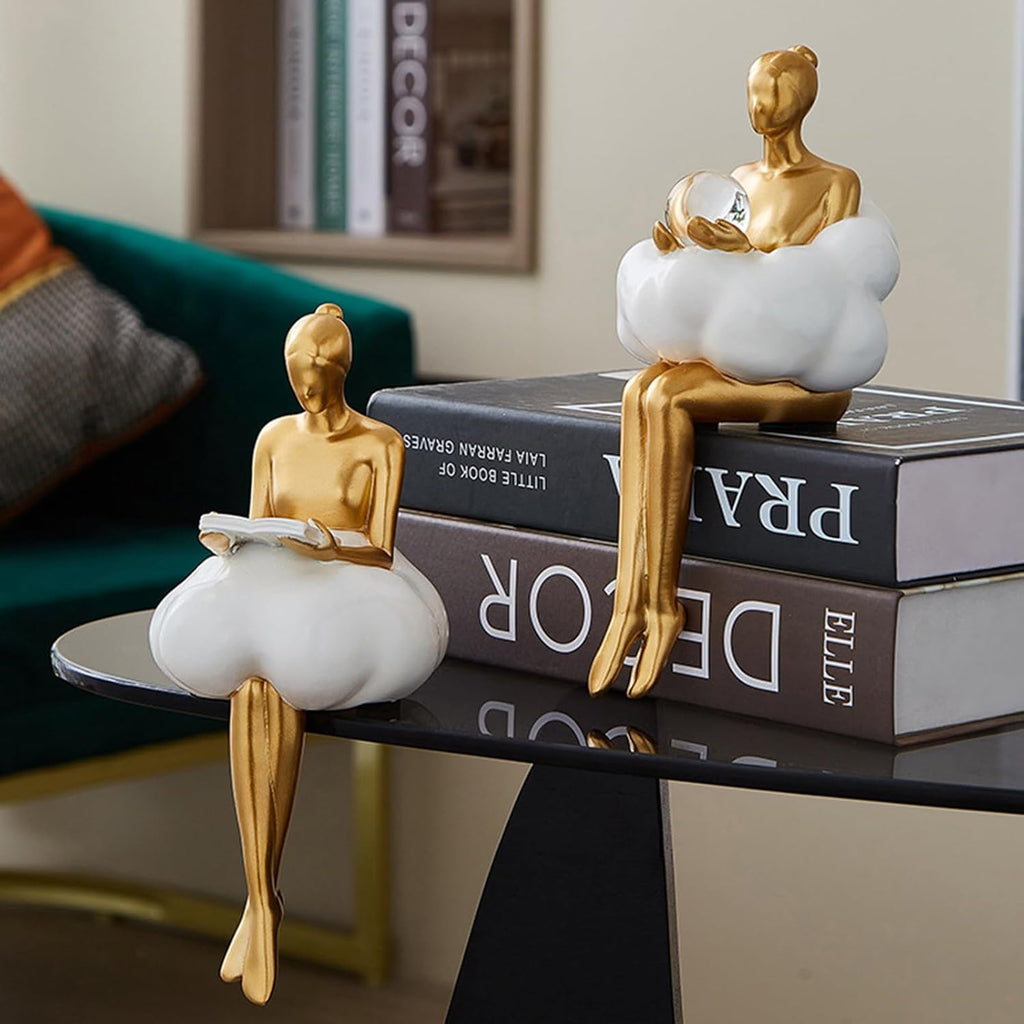 Gold Home Decor Women Thinker Statue, Modern Bookshelf Figurines Accent Decorations for Living Room, Resin Abstract Art Collectible for Office Bedroom Table Desk