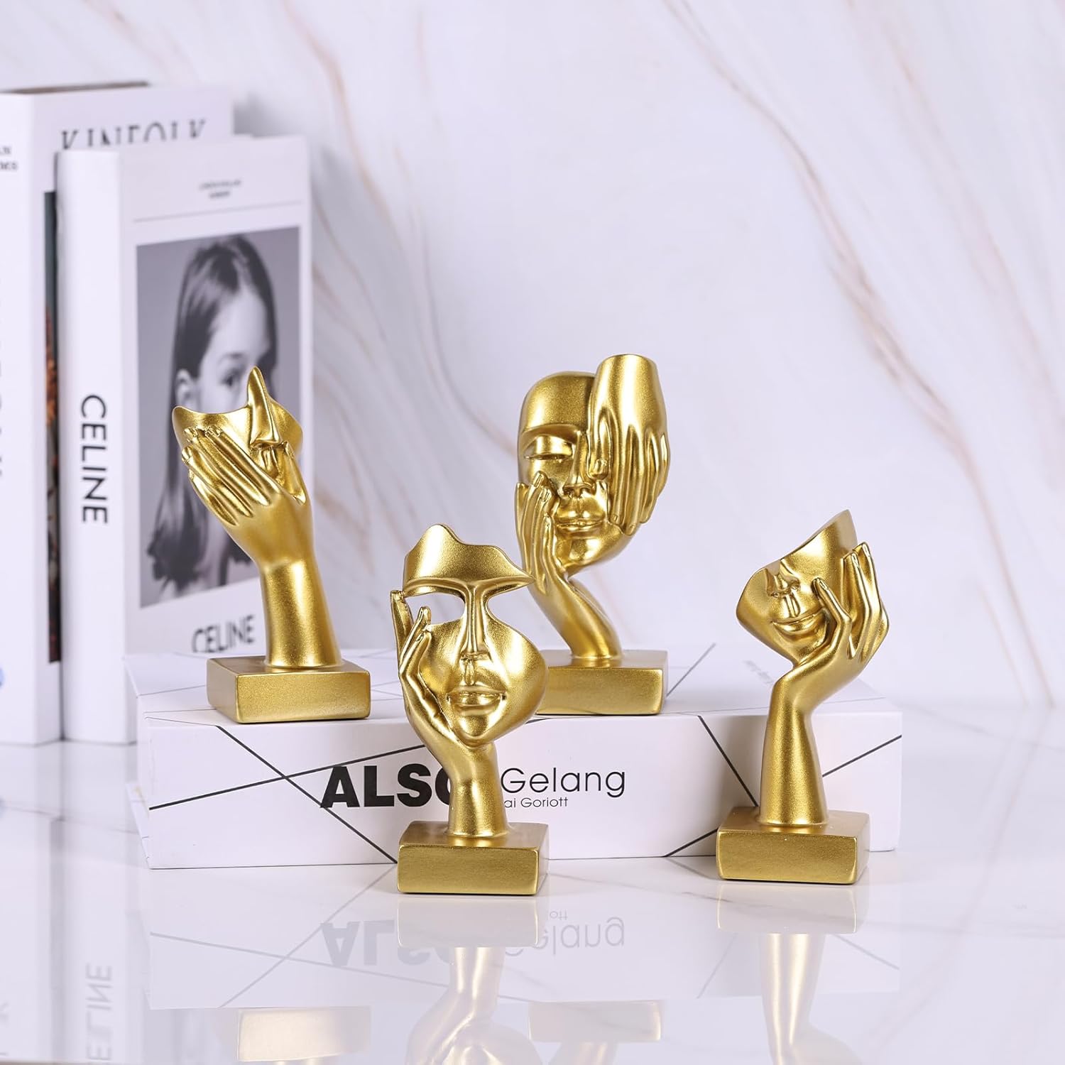 Gold Abstract Thinker Figurine Set of 4, Home Art Face Small Statue for Accents Decor Women Bedroom Shelf Bookcase Room Desk, TV Stand, Coffee Table Decor, Art Sculpture Gifts for Women (Gold)
