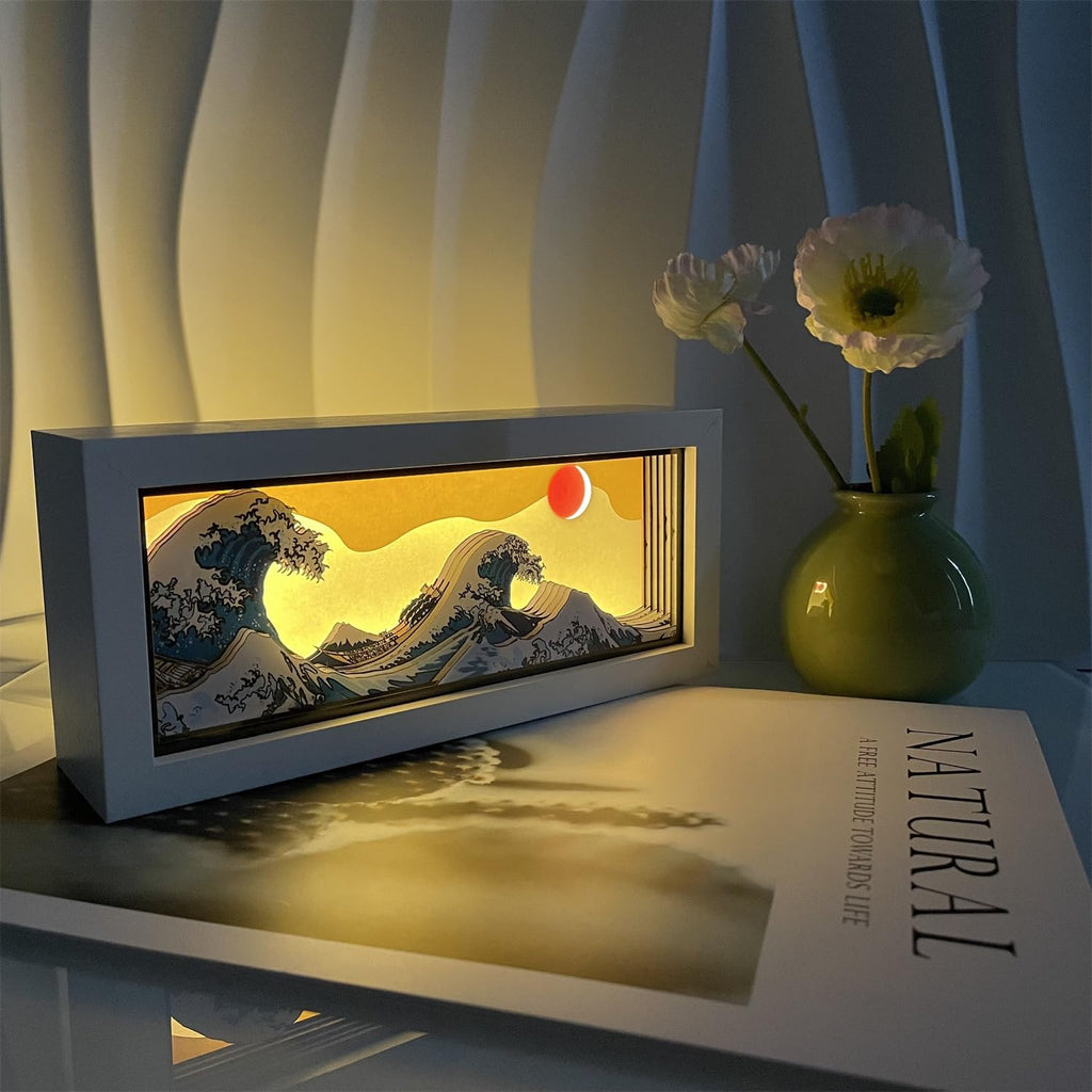 Japanese Great Wave LED Light Box, The Great Wave Off Kanagawa 3D Paper Carving Night Light USB Powered Room Decor Aesthetic Light for Bedroom HOM