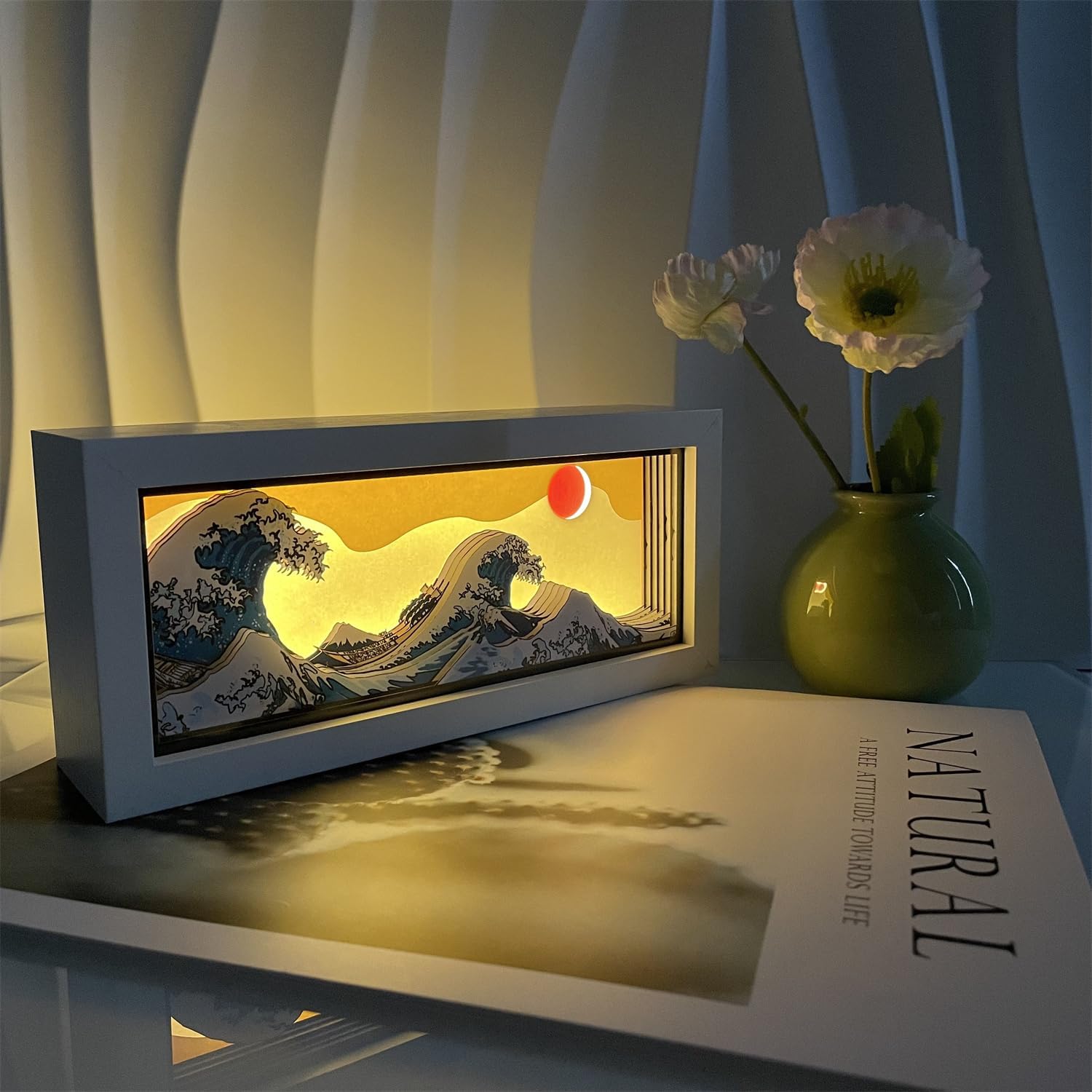 Japanese Great Wave LED Light Box, The Great Wave Off Kanagawa 3D Paper Carving Night Light USB Powered Room Decor Aesthetic Light for Bedroom HOM