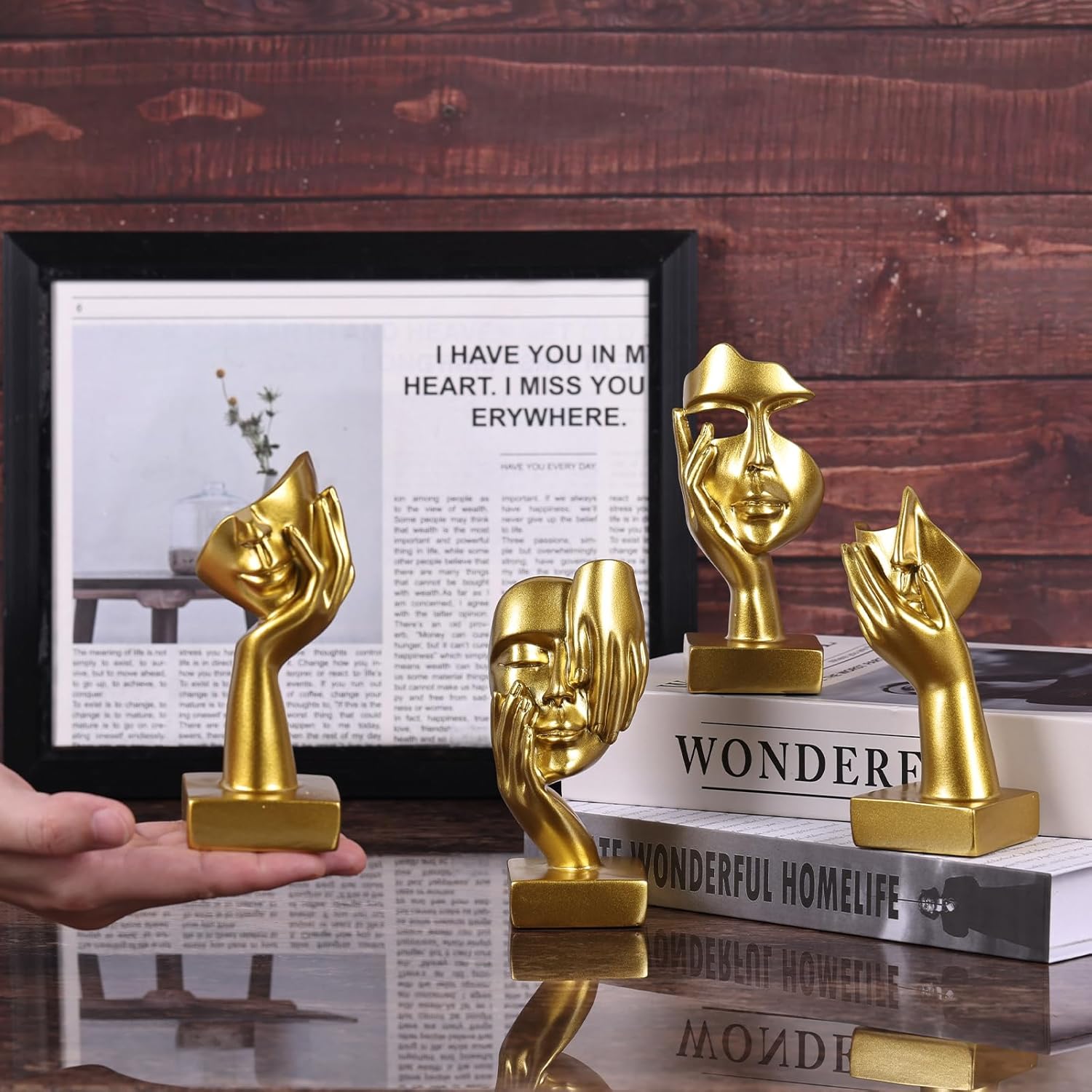 Gold Abstract Thinker Figurine Set of 4, Home Art Face Small Statue for Accents Decor Women Bedroom Shelf Bookcase Room Desk, TV Stand, Coffee Table Decor, Art Sculpture Gifts for Women (Gold)